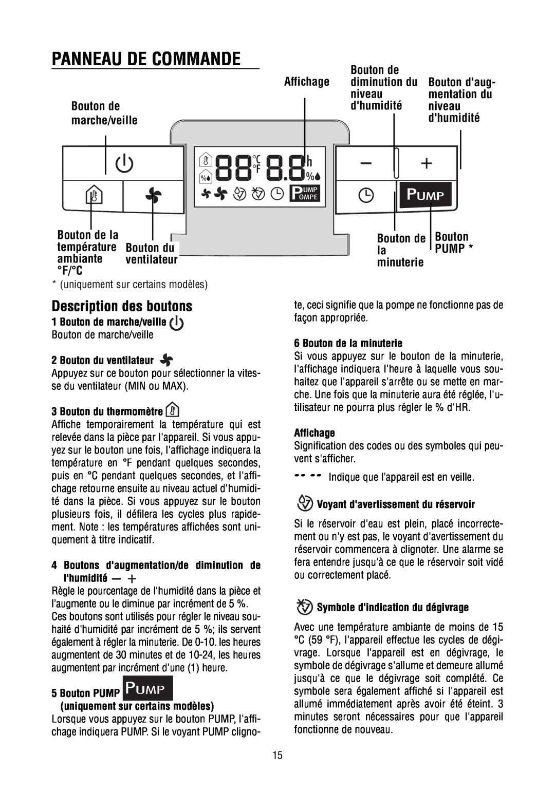 DeLonghi DD40P, DD45P, DD50P Panneau De Commande, Description des boutons, Affichage, Bouton de la température Bouton du 