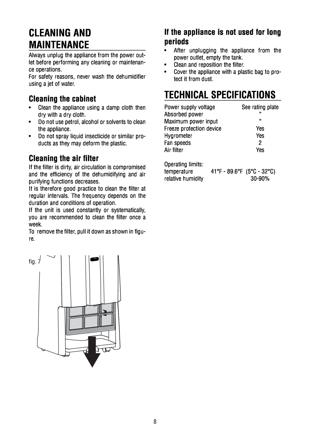 DeLonghi DD40P, DD45P Cleaning And Maintenance, Technical Specifications, Cleaning the cabinet, Cleaning the air filter 