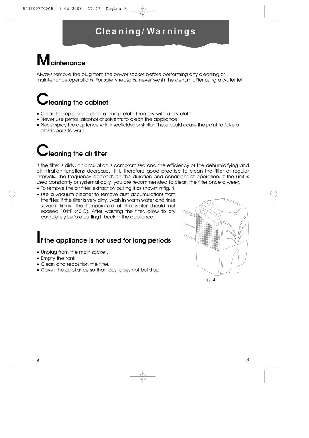 DeLonghi DDE400 manual E a n i n g / W a r n i n g s, Maintenance, Cleaning the cabinet, Cleaning the air filter 