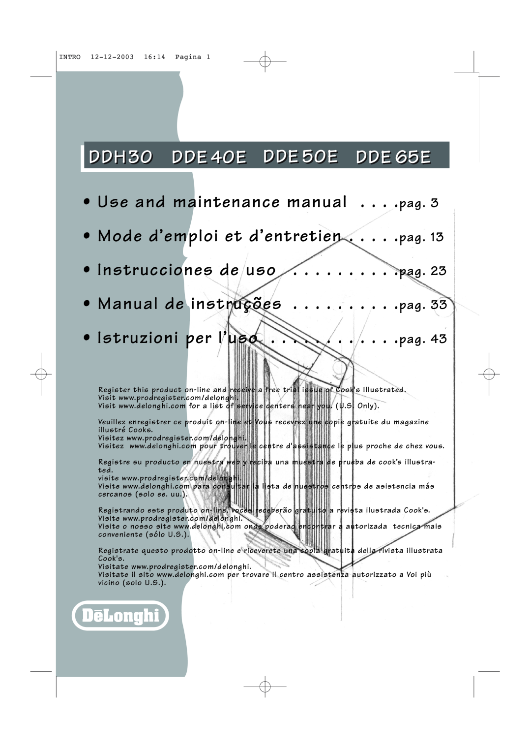 DeLonghi DDE 65E, DDE 40E, DDE 50E manual DDH30 DDE40E DDE50E DDE65E 