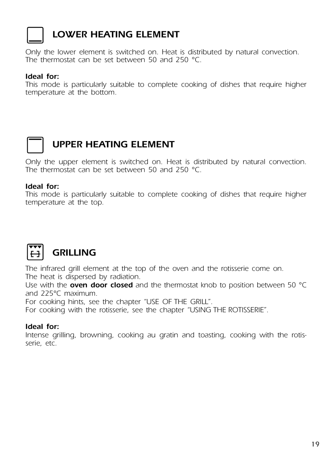 DeLonghi DE 91 MPS manual Lower Heating Element, Upper Heating Element, Grilling 