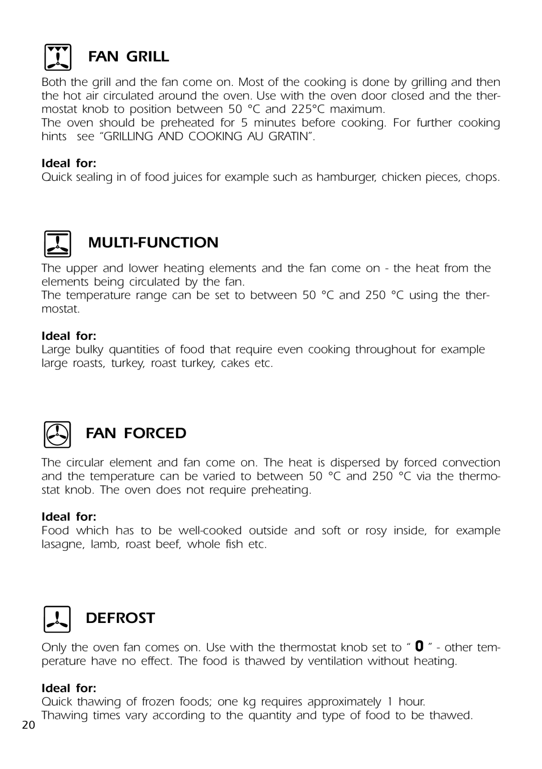 DeLonghi DE 91 MPS manual FAN Grill, Multi-Function, FAN Forced, Defrost 