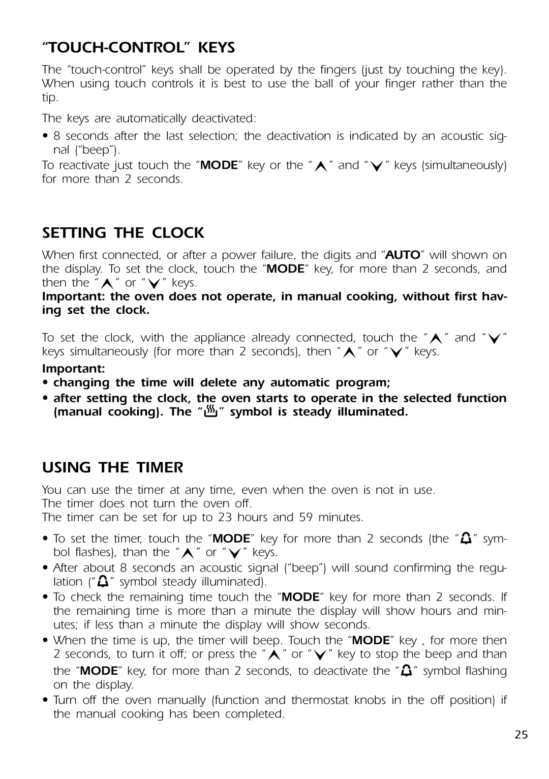 DeLonghi DE 91 MPS manual TOUCH-CONTROL Keys, Setting the Clock, Using the Timer 