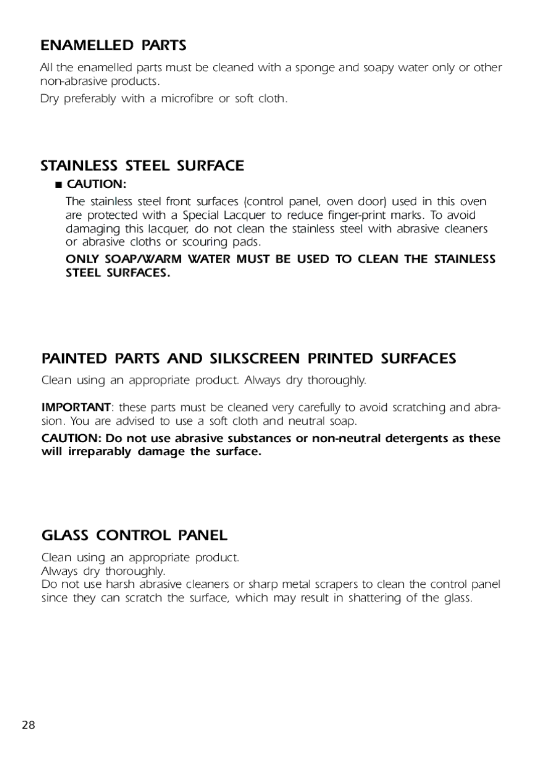 DeLonghi DE 91 MPS manual Enamelled Parts, Stainless Steel Surface, Painted Parts and Silkscreen Printed Surfaces 