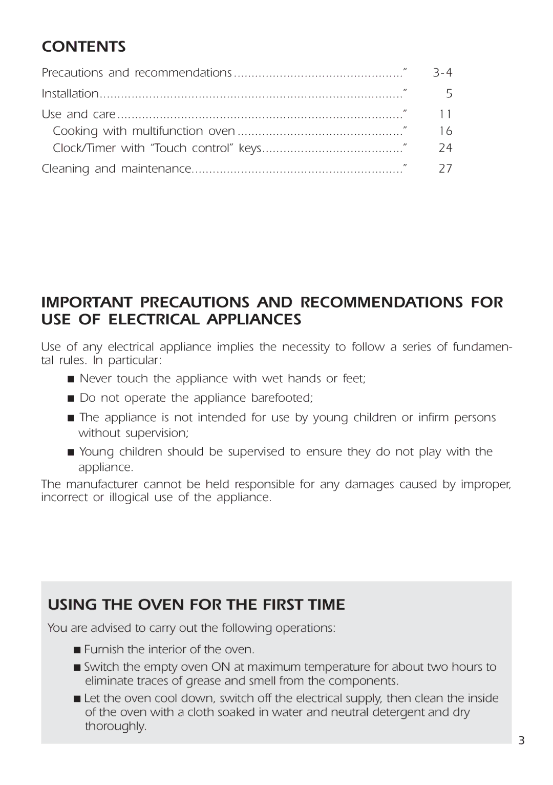 DeLonghi DE 91 MPS manual Using the Oven for the First Time, Contents 