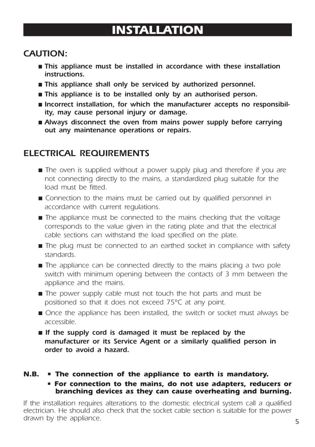 DeLonghi DE 91 MPS manual Installation, Electrical Requirements 