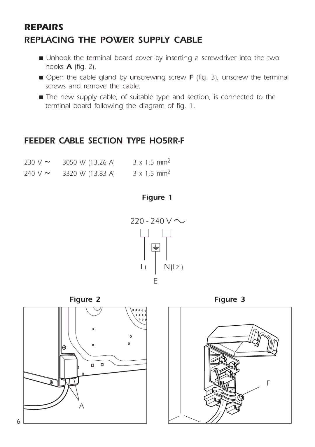 DeLonghi DE 91 MPS manual Replacing the Power Supply Cable, Feeder Cable Section Type HO5RR-F 