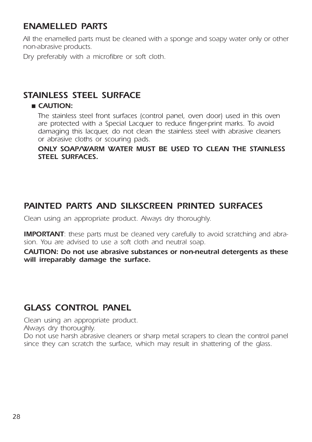 DeLonghi DE 91 MPS manual Enamelled Parts, Stainless Steel Surface, Painted Parts And Silkscreen Printed Surfaces 