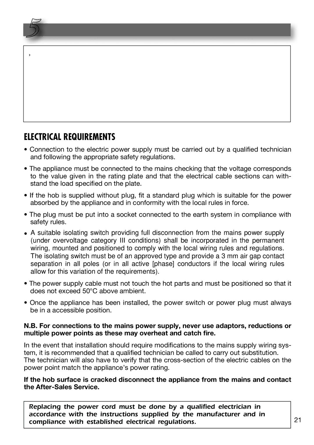 DeLonghi DE302IB manual Electrical Connection, Electrical Requirements 