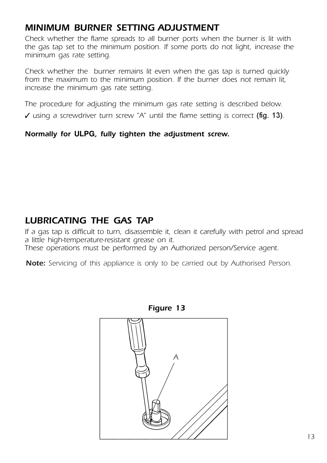 DeLonghi DE302GB, DE30WGB manual Minimum Burner Setting Adjustment, Lubricating the GAS TAP 