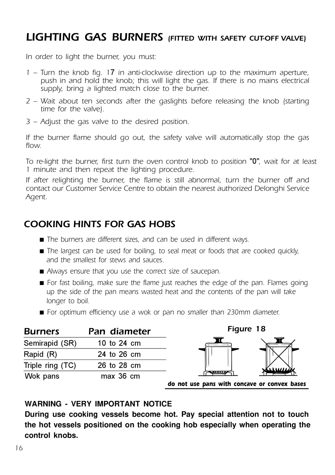 DeLonghi DE30WGB, DE302GB manual Cooking Hints for GAS Hobs, Burners Pan diameter 