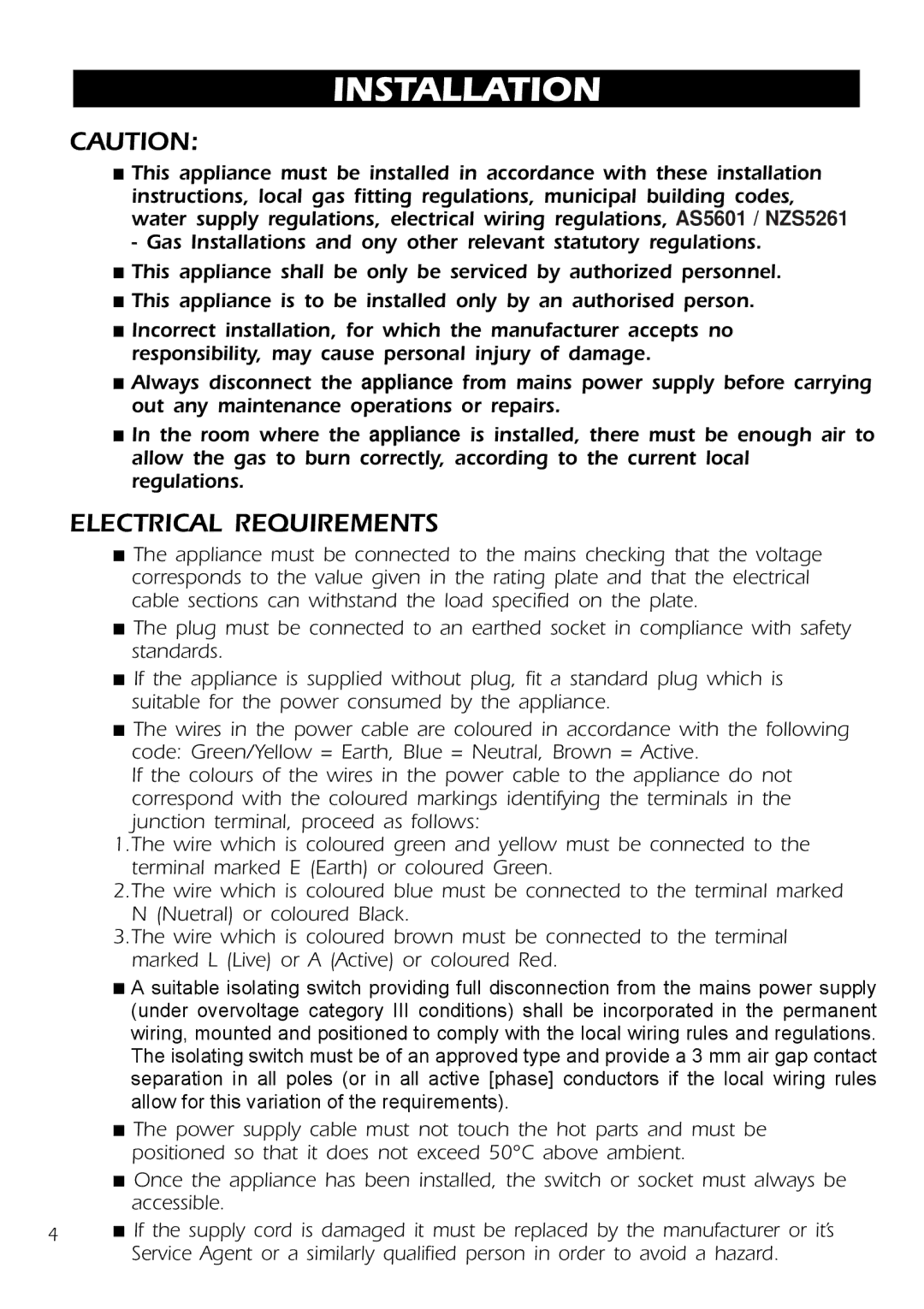 DeLonghi DE30WGB, DE302GB manual Installation, Electrical Requirements 