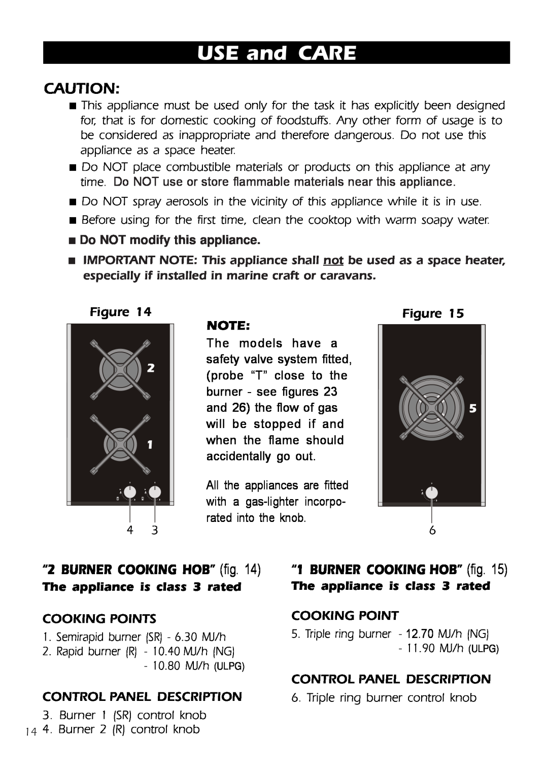 DeLonghi DE30WGB manual USE and CARE, “2 BURNER COOKING HOB” fig, Do NOT modify this appliance, “1 BURNER COOKING HOB” fig 