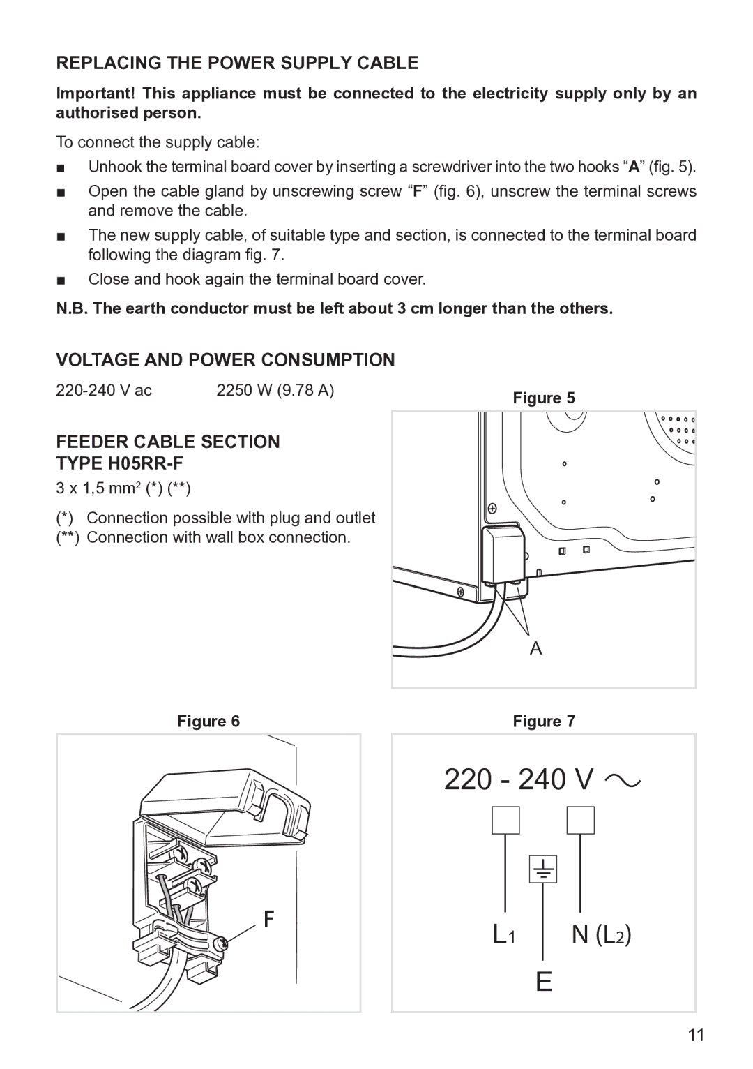 DeLonghi DE605MW manual Replacing the Power Supply Cable, Voltage and Power Consumption, Feeder Cable Section Type H05RR-F 