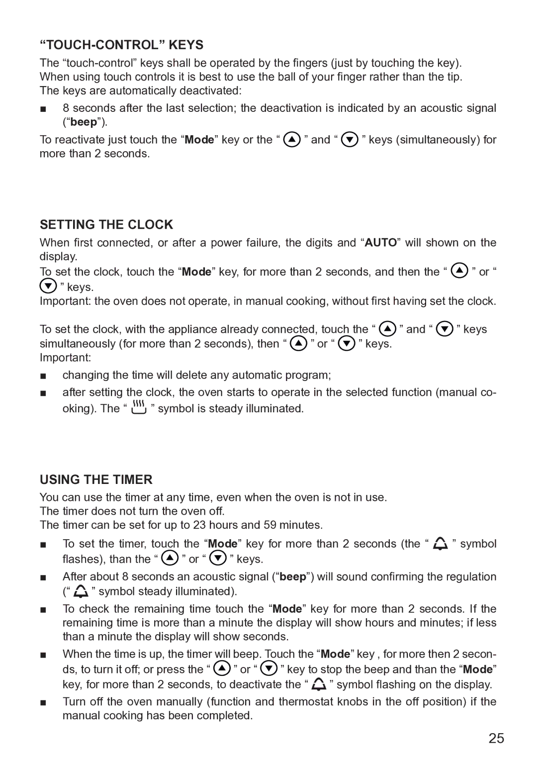 DeLonghi DE608MLH, DE608MRH manual TOUCH-CONTROL Keys, Setting the Clock, Using the Timer 