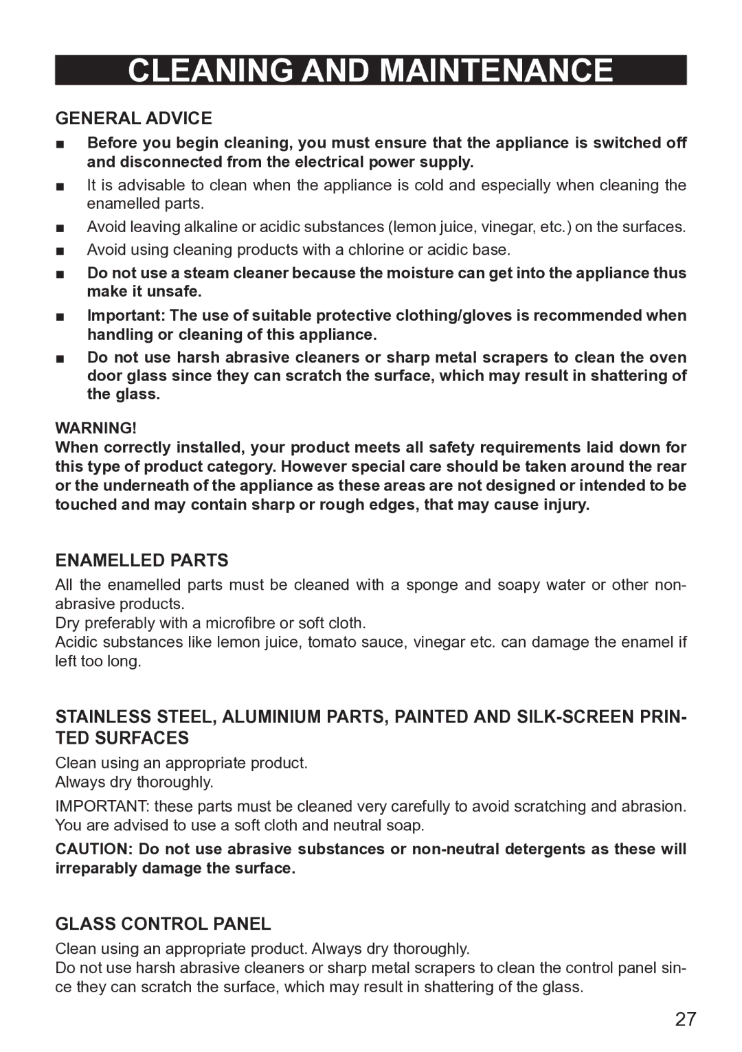 DeLonghi DE608MLH, DE608MRH manual General Advice, Enamelled Parts, Glass Control Panel 