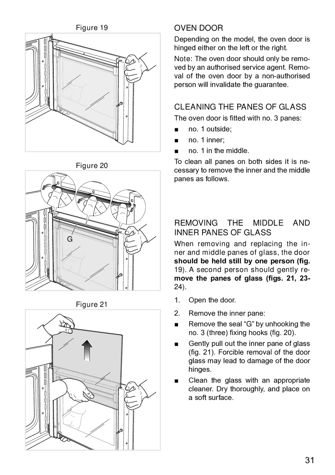 DeLonghi DE608MLH, DE608MRH manual Oven Door, Cleaning the Panes of Glass, Removing the Middle and Inner Panes of Glass 