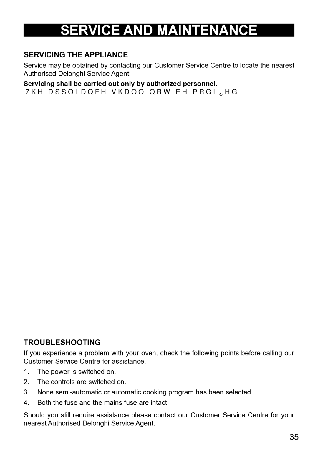 DeLonghi DE608MLH, DE608MRH manual Servicing the Appliance, Troubleshooting 