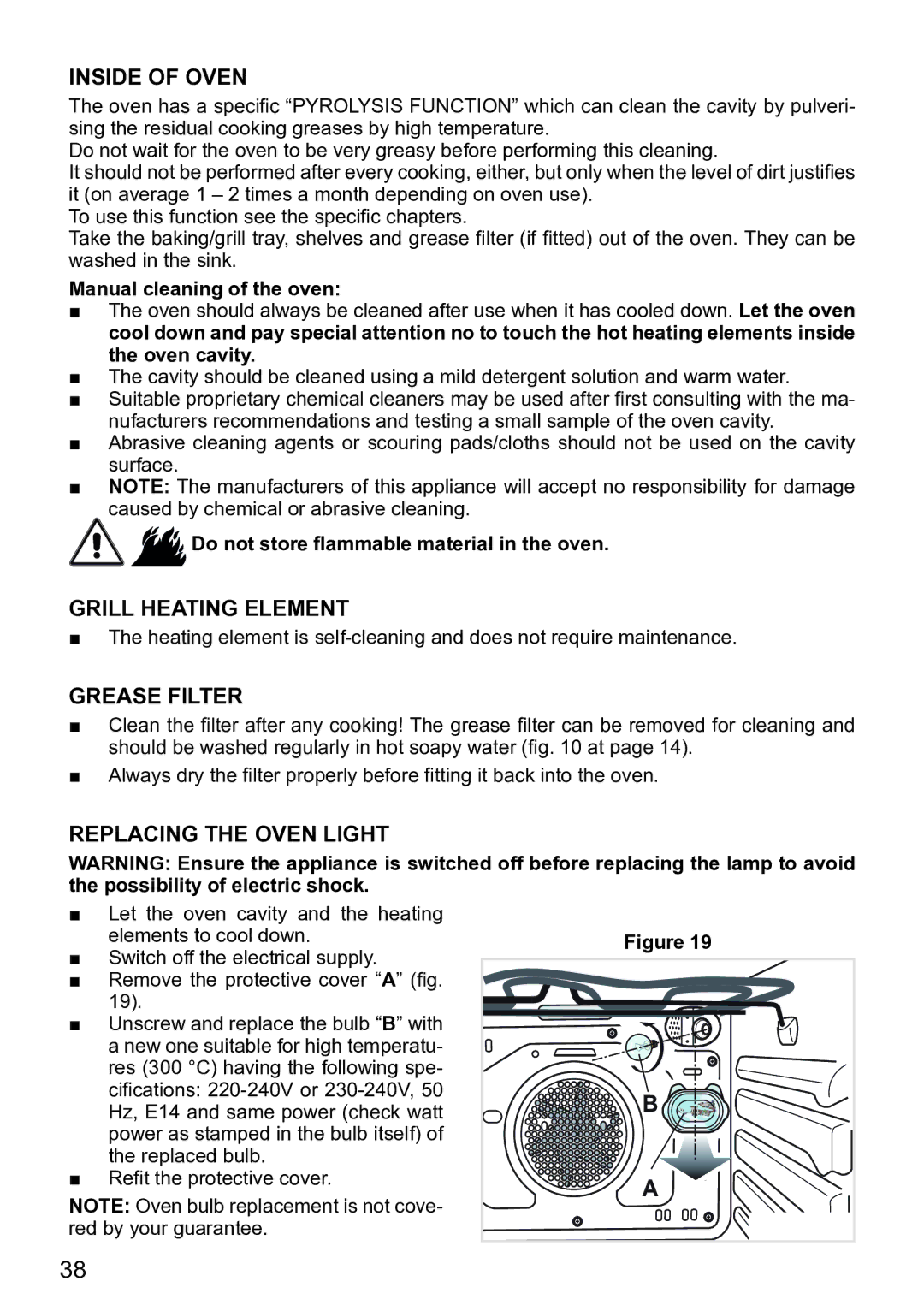 DeLonghi DE609MP manual Inside of Oven, Grill Heating Element, Replacing the Oven Light, Manual cleaning of the oven 