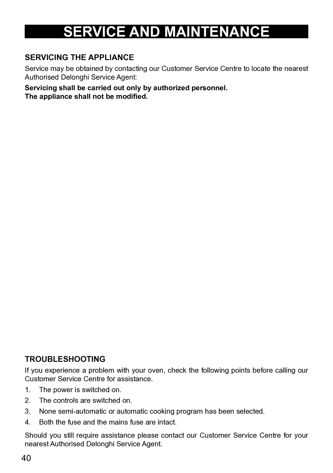 DeLonghi DE609MP manual Servicing the Appliance, Troubleshooting 