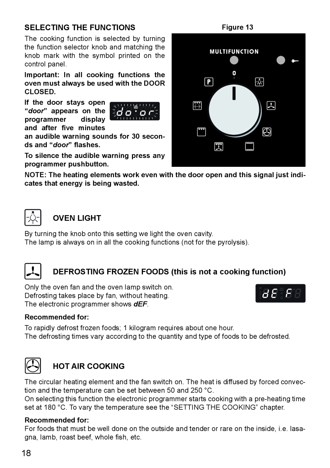 DeLonghi DE609MP manual Selecting The Functions, Oven Light, Hot Air Cooking 