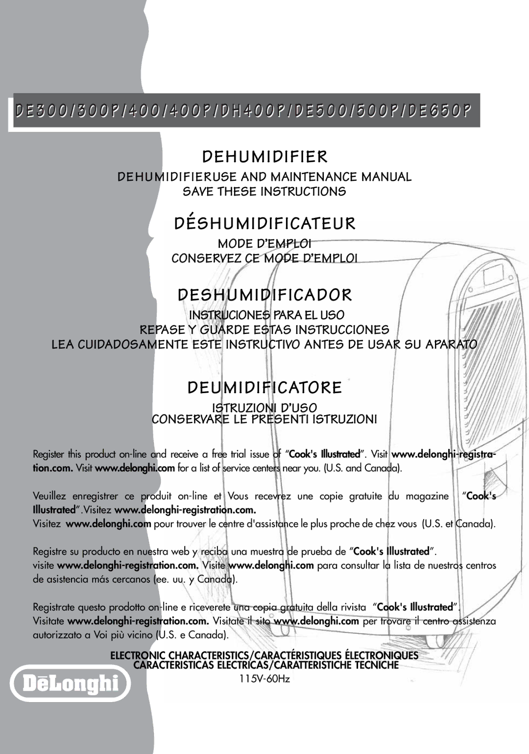 DeLonghi DE300P, DE650P, de 300 manual Dehumidifier 