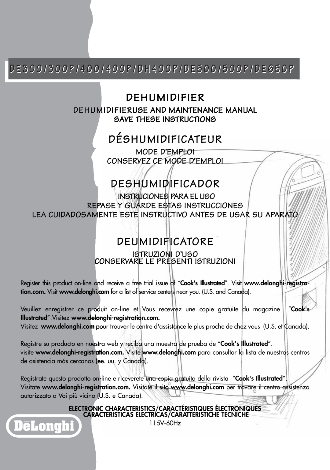 DeLonghi DE300P, DE650P manual Dehumidifier, Déshumidificateur, Deshumidificador, Deumidificatore, Save These Instructions 