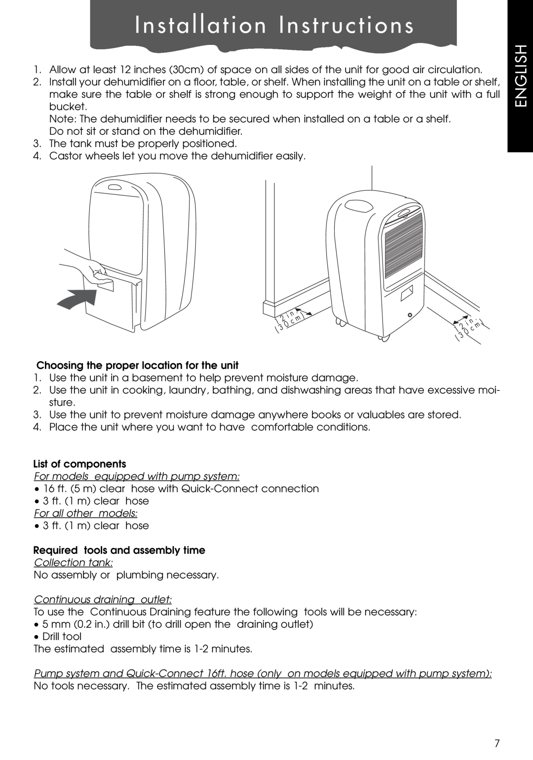 DeLonghi DE650P, DE300P Installation Instructions, English, For models equipped with pump system, For all other models 