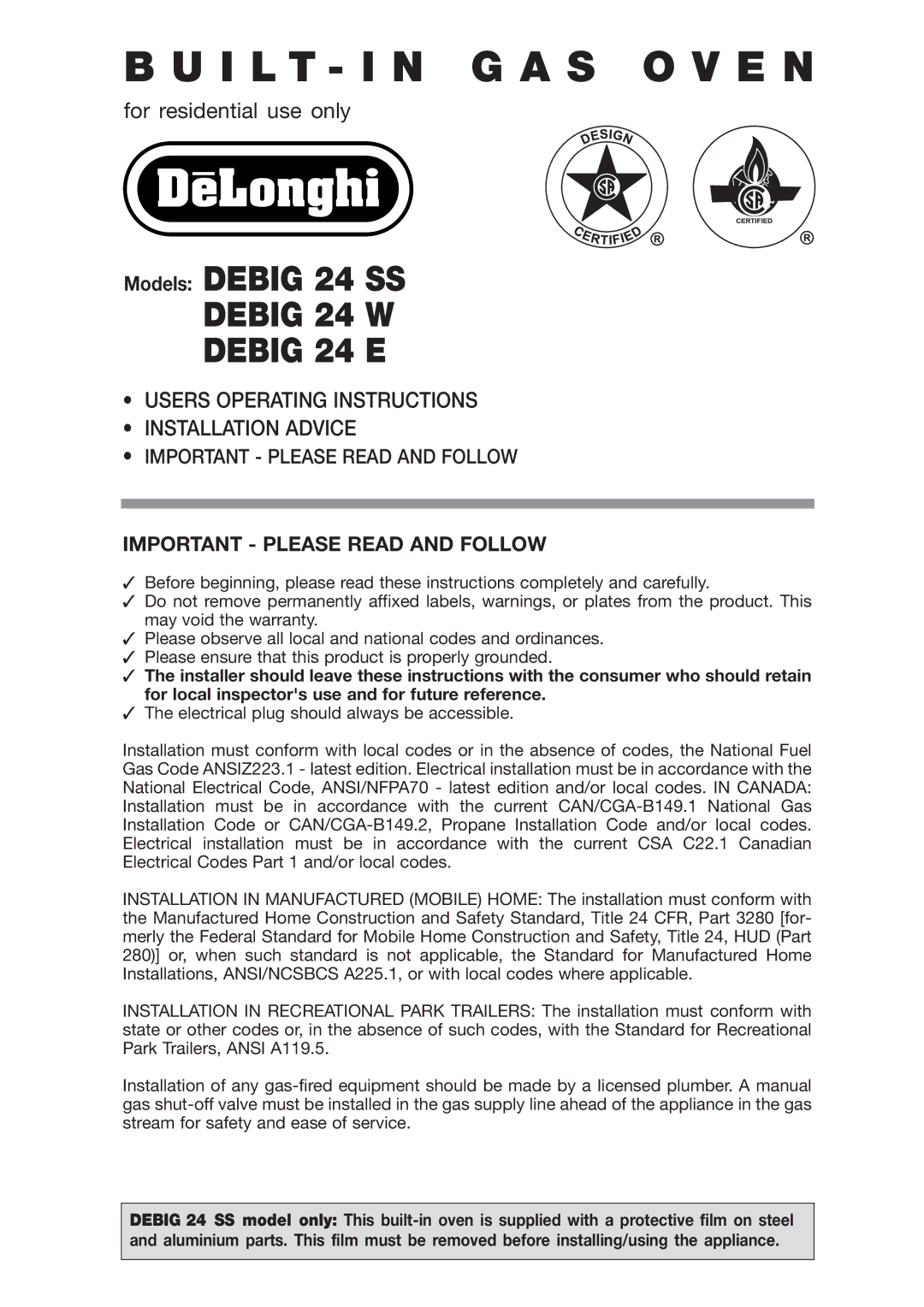 DeLonghi DEBIG 24 SS warranty I L T I N G a S O V E N 