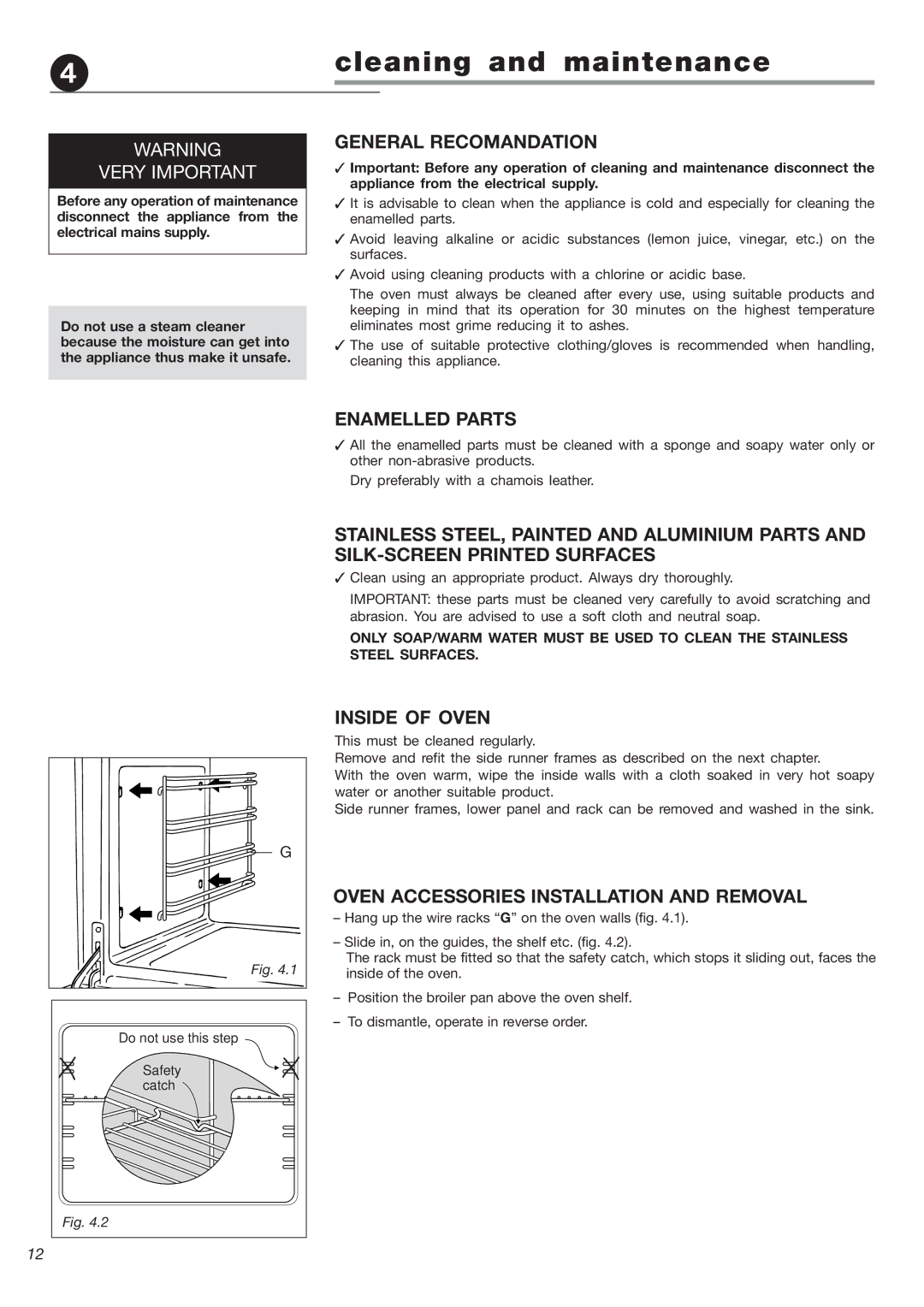 DeLonghi DEBIG 24 SS warranty Cleaning and maintenance, General Recomandation, Enamelled Parts, Inside of Oven 