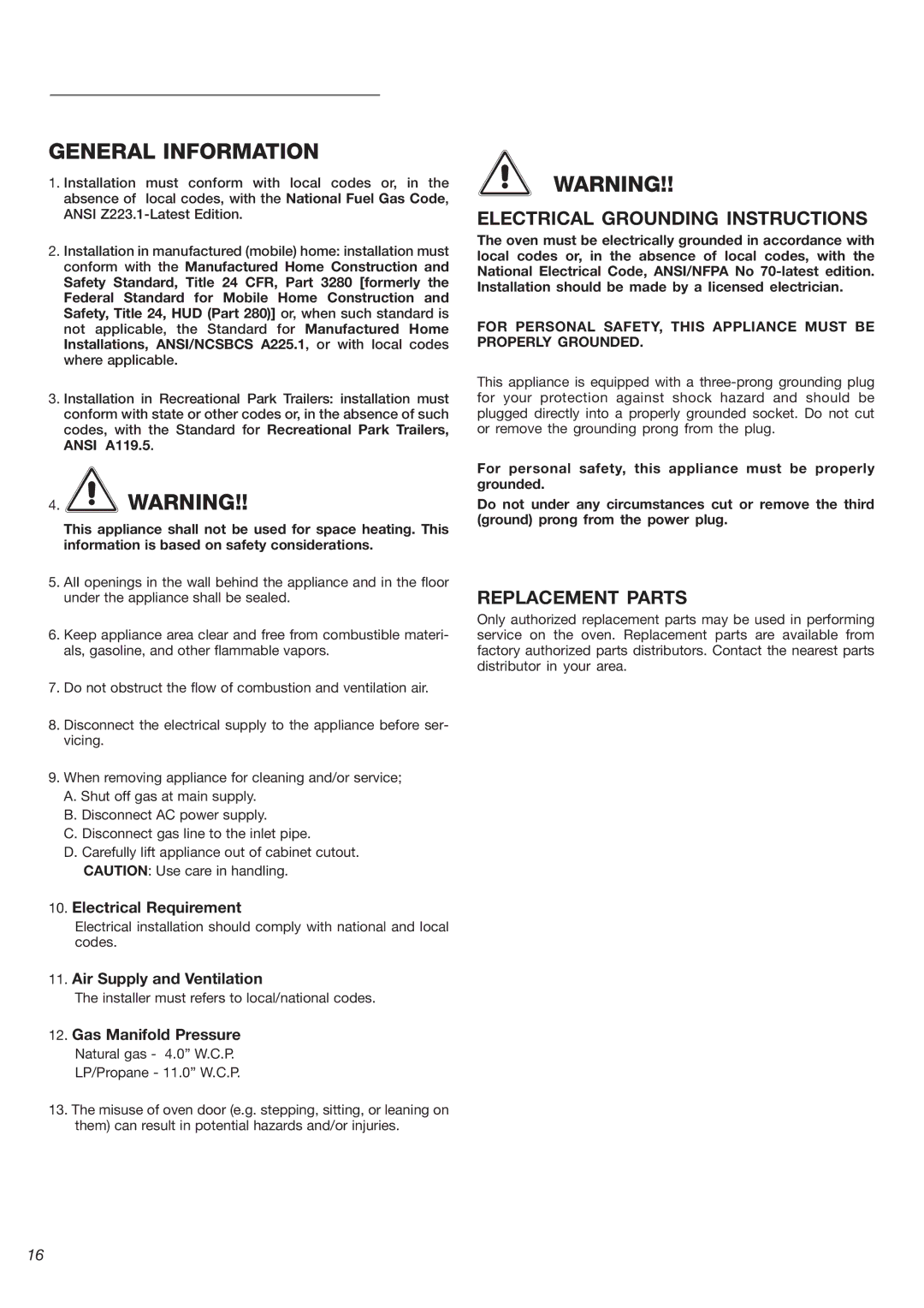 DeLonghi DEBIG 24 SS warranty Electrical Grounding Instructions, Replacement Parts 