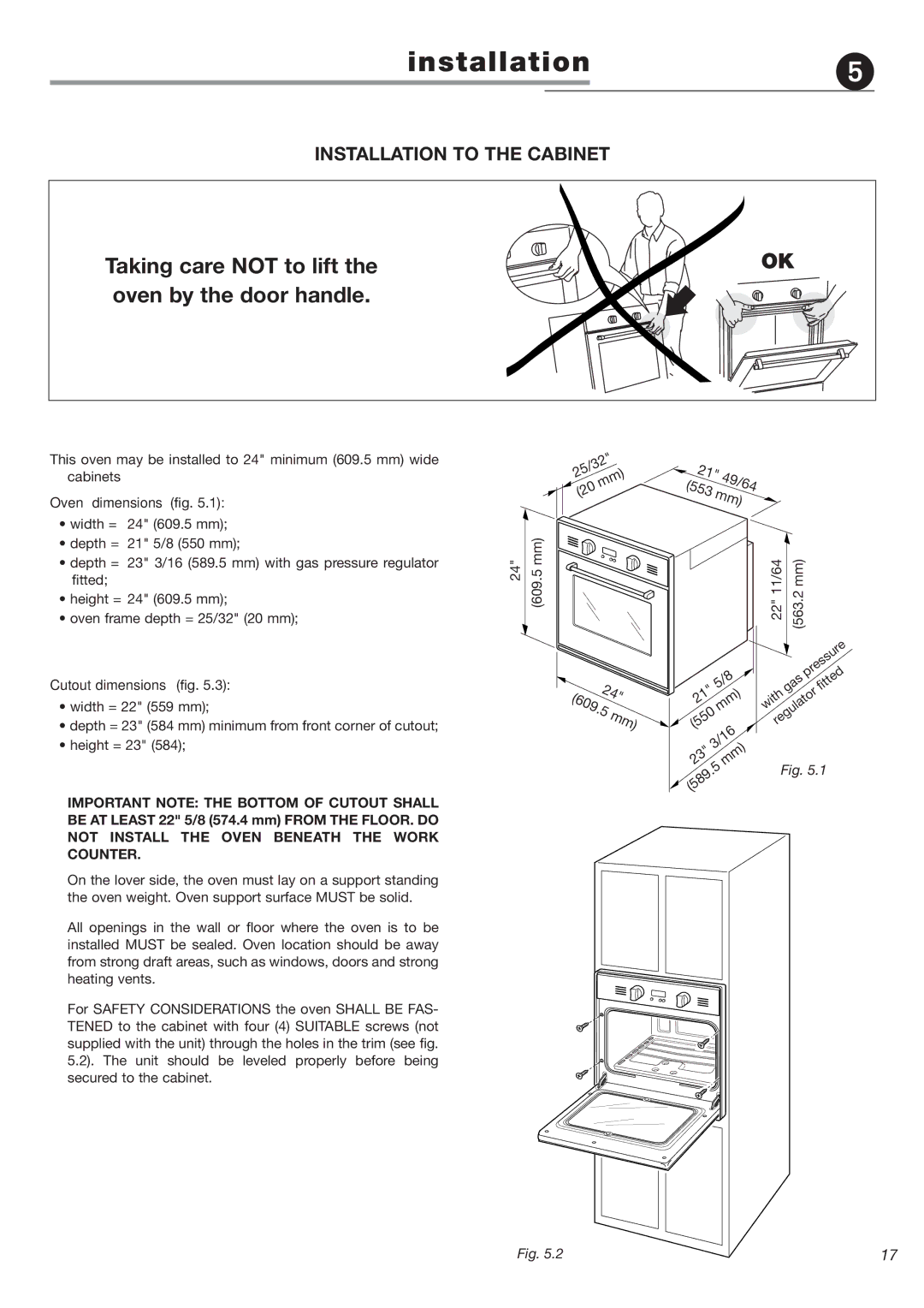 DeLonghi DEBIG 24 SS warranty Installation to the Cabinet 