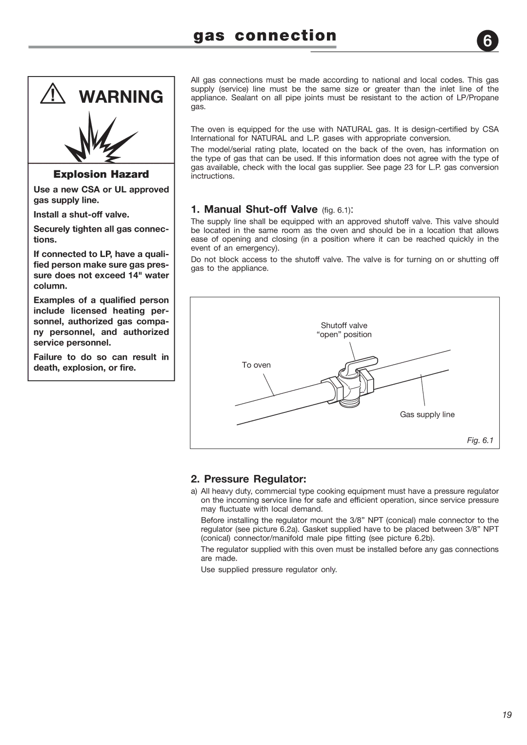 DeLonghi DEBIG 24 SS warranty Gas connection, Explosion Hazard, Manual Shut-off Valve fig, Pressure Regulator 