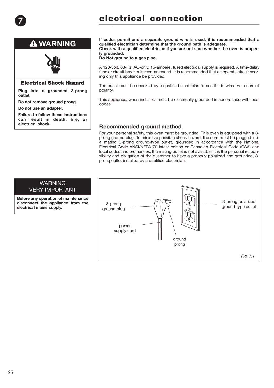 DeLonghi DEBIG 24 SS warranty Electrical connection, Recommended ground method 