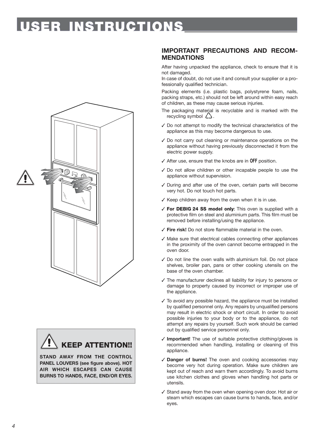 DeLonghi DEBIG 24 SS warranty User Instructions, Important Precautions and RECOM- Mendations 