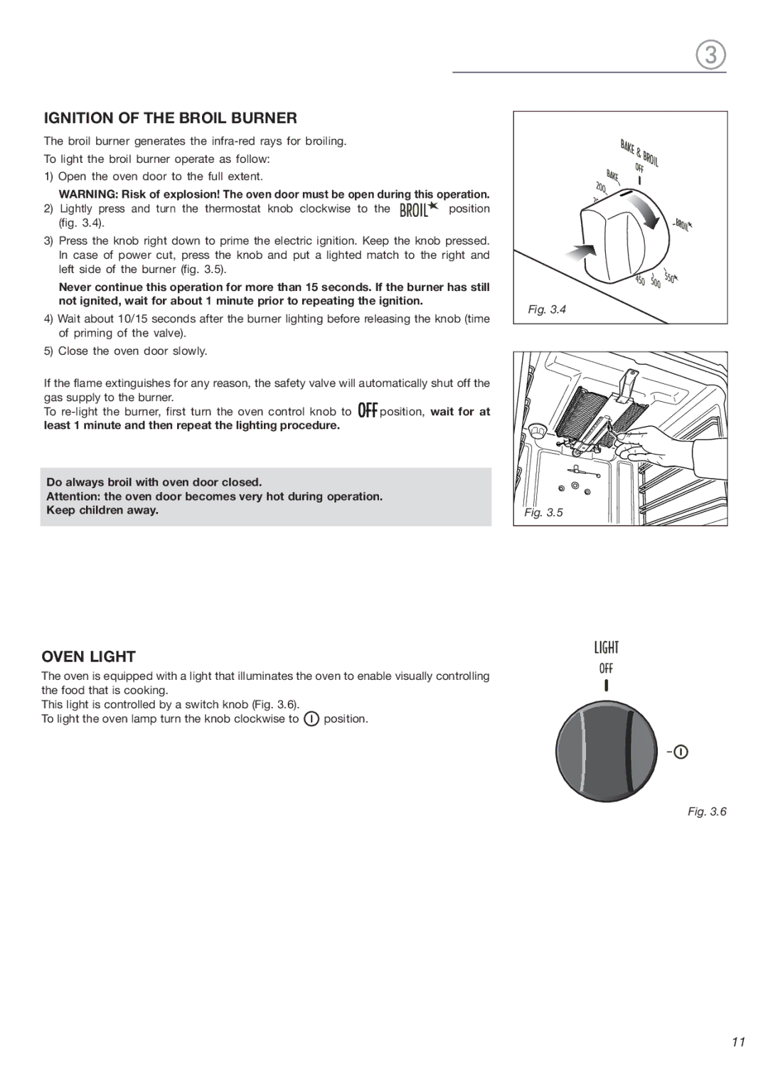 DeLonghi DEBIGE 2440 E, DEBIGE 2440 W, DEBIGE 2440 SS warranty Ignition of the Broil Burner, Oven Light 