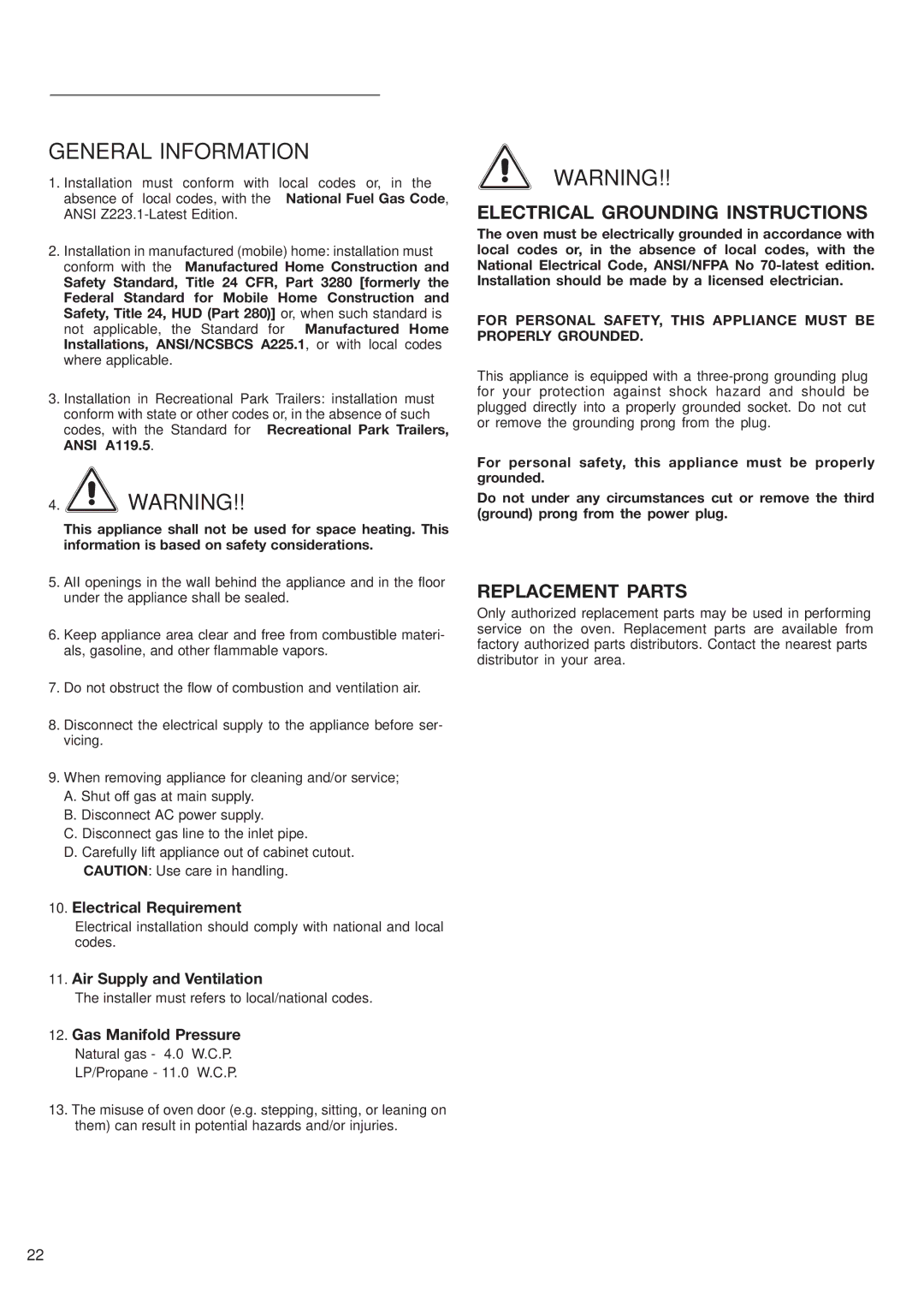 DeLonghi DEBIGE 2440 SS, DEBIGE 2440 W, DEBIGE 2440 E warranty Electrical Grounding Instructions, Replacement Parts 