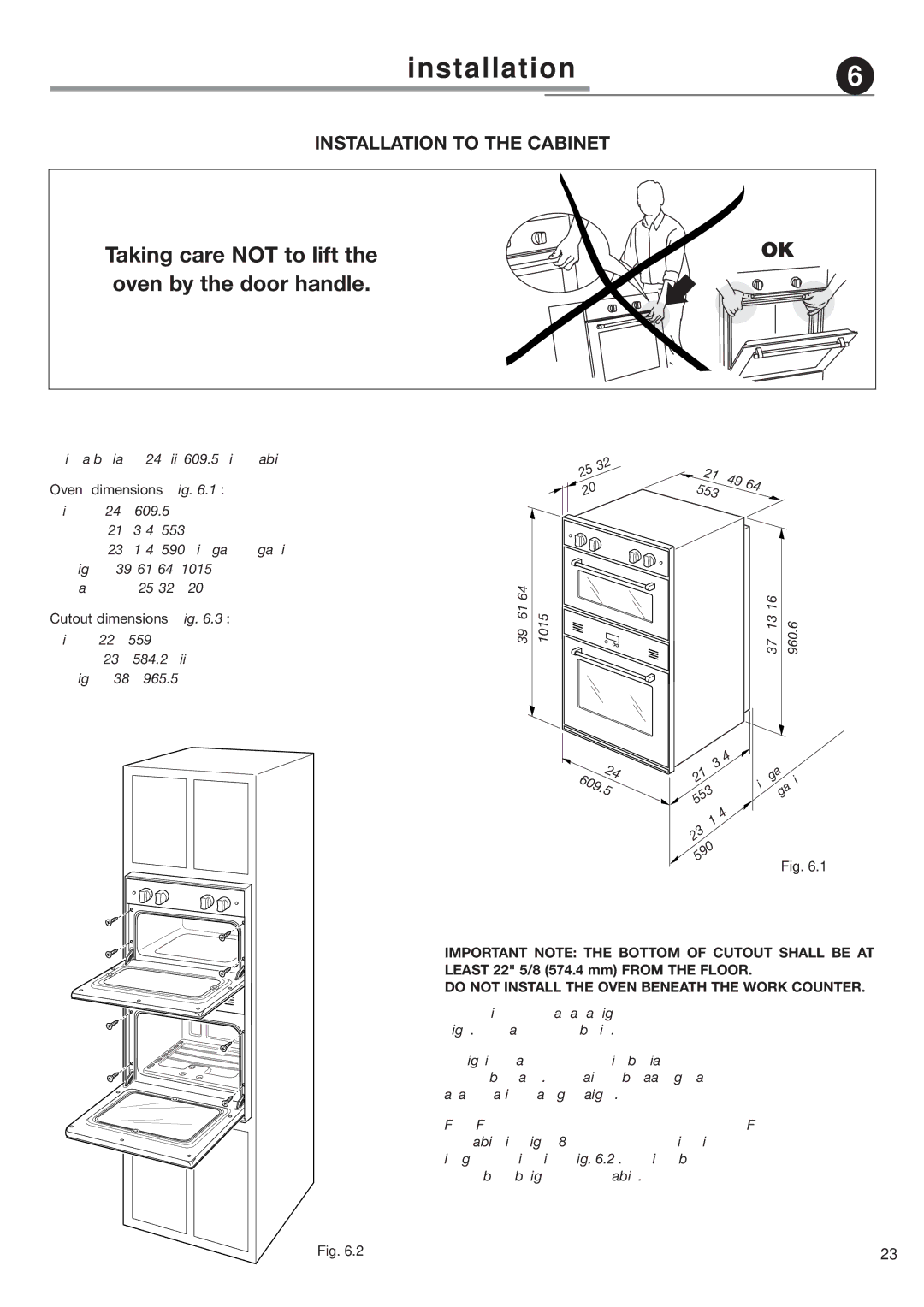 DeLonghi DEBIGE 2440 E, DEBIGE 2440 W, DEBIGE 2440 SS warranty Installation to the Cabinet 