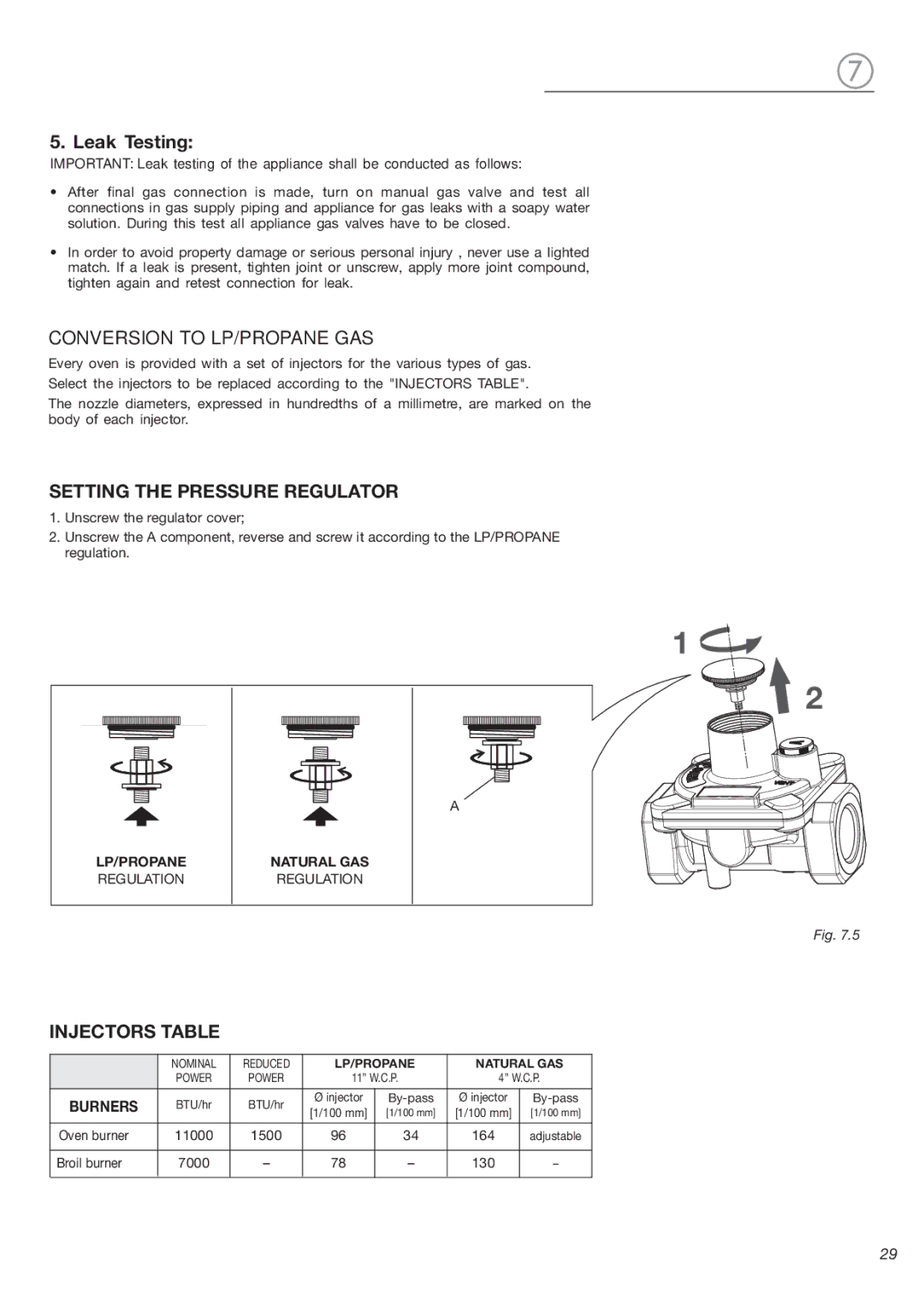 DeLonghi DEBIGE 2440 E warranty Leak Testing, Conversion to LP/PROPANE GAS, Setting the Pressure Regulator, Injectors Table 