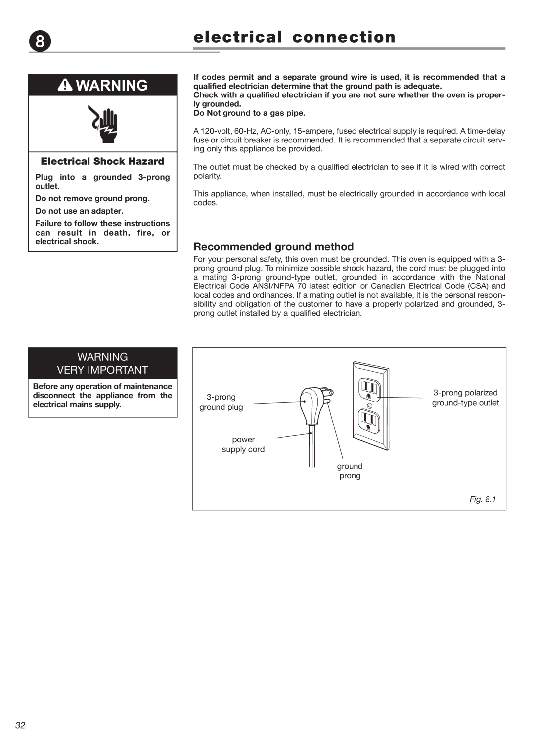 DeLonghi DEBIGE 2440 E, DEBIGE 2440 W, DEBIGE 2440 SS warranty Electrical connection, Recommended ground method 