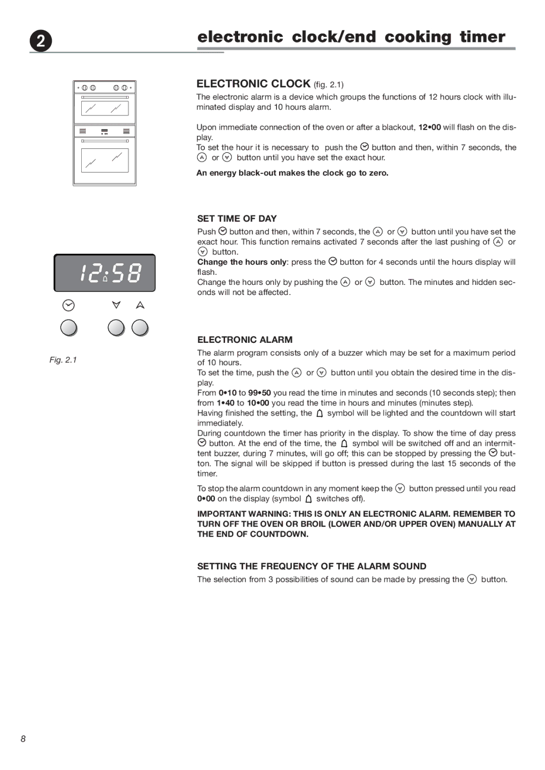 DeLonghi DEBIGE 2440 E warranty Electronic clock/end cooking timer, Electronic Clock fig, SET Time of DAY, Electronic Alarm 