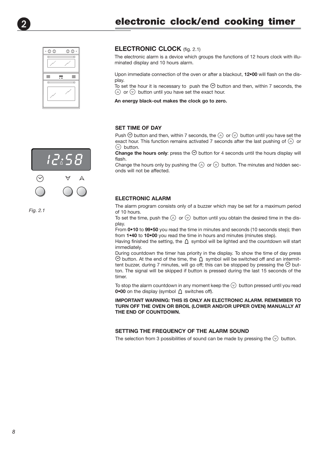 DeLonghi DEBIGE 2440 E warranty electronic clock/end cooking timer, ELECTRONIC CLOCK fig, Set Time Of Day, Electronic Alarm 