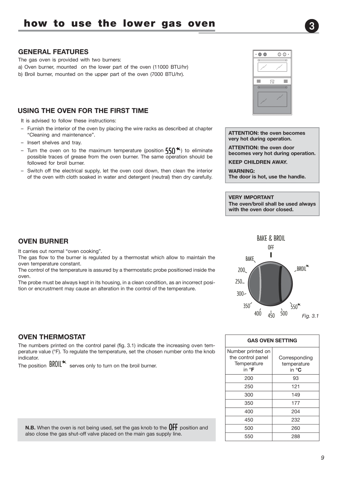 DeLonghi DEBIGE 2440 W how to use the lower gas oven, General Features, Using The Oven For The First Time, Oven Burner 