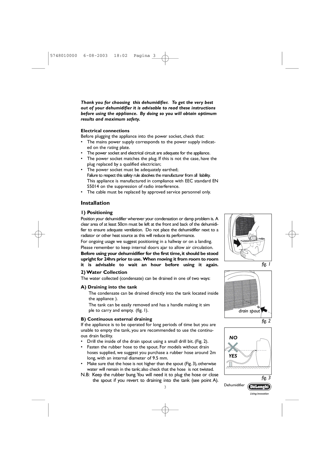 DeLonghi DEC 21 manual Installation, Electrical connections 