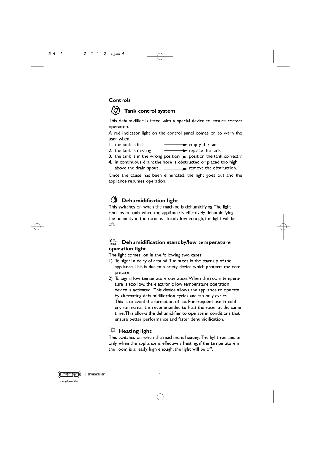 DeLonghi DEC 21 manual Controls Tank control system, Dehumidification light, Heating light 