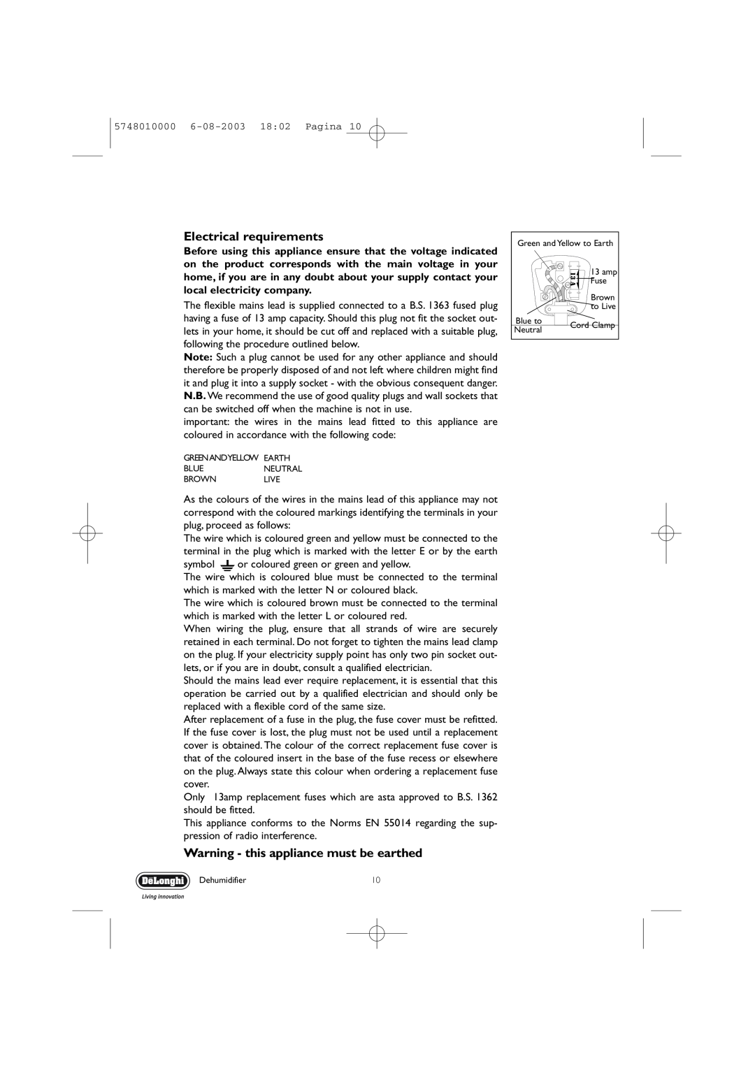 DeLonghi DEC 21 manual Electrical requirements, Warning - this appliance must be earthed 