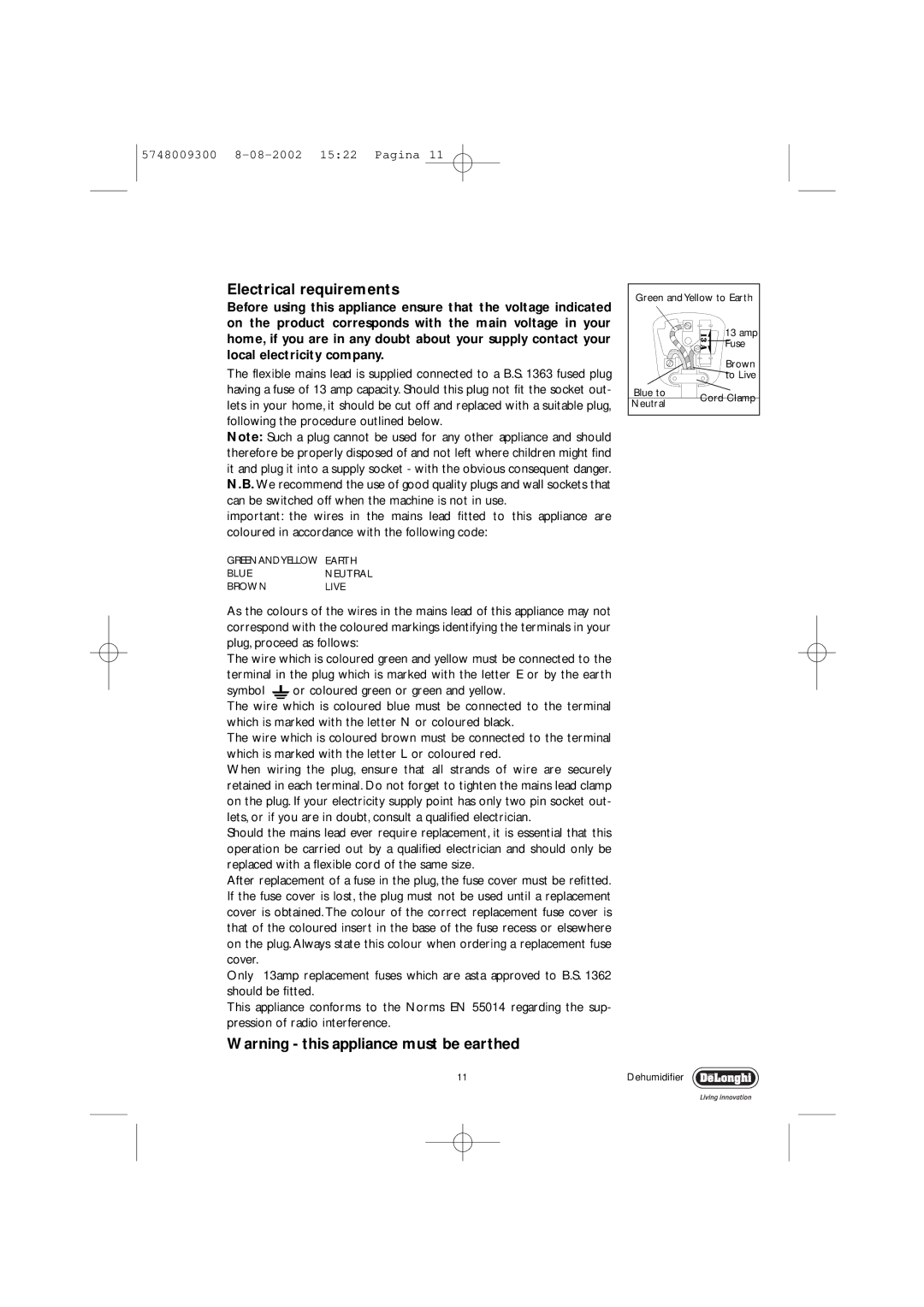 DeLonghi DEC12, DEC16 manual Electrical requirements 