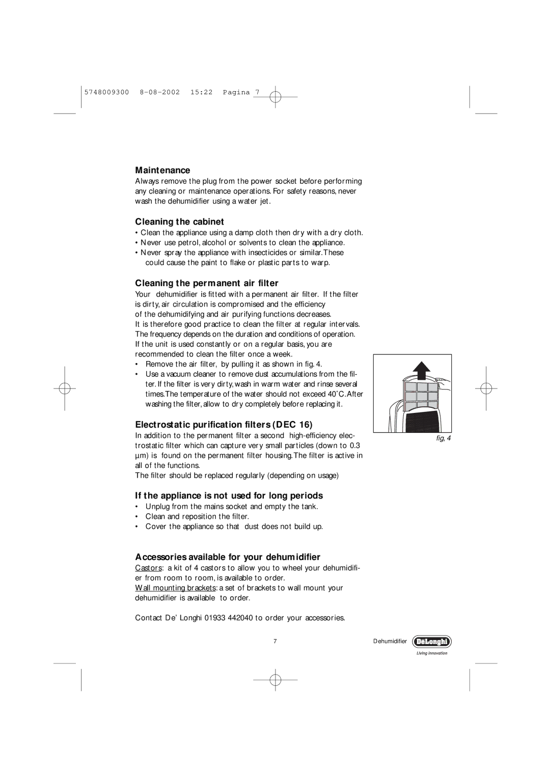 DeLonghi DEC12, DEC16 manual Maintenance, Cleaning the cabinet, Cleaning the permanent air filter 