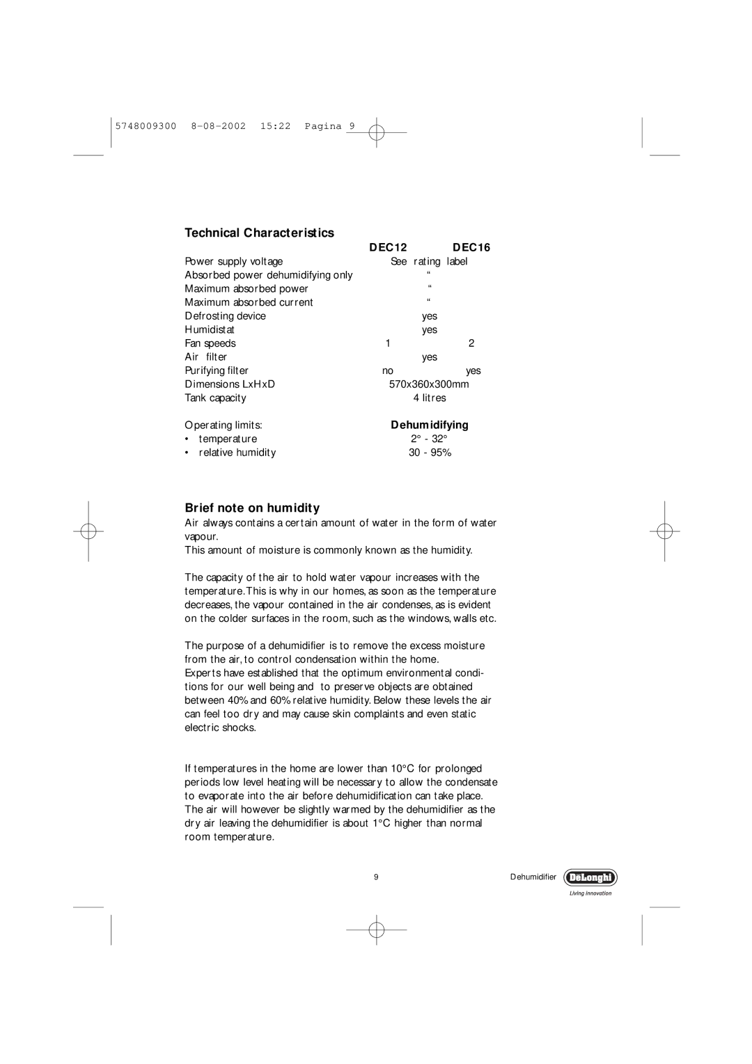 DeLonghi DEC12, DEC16 manual Technical Characteristics, Brief note on humidity, Dehumidifying 