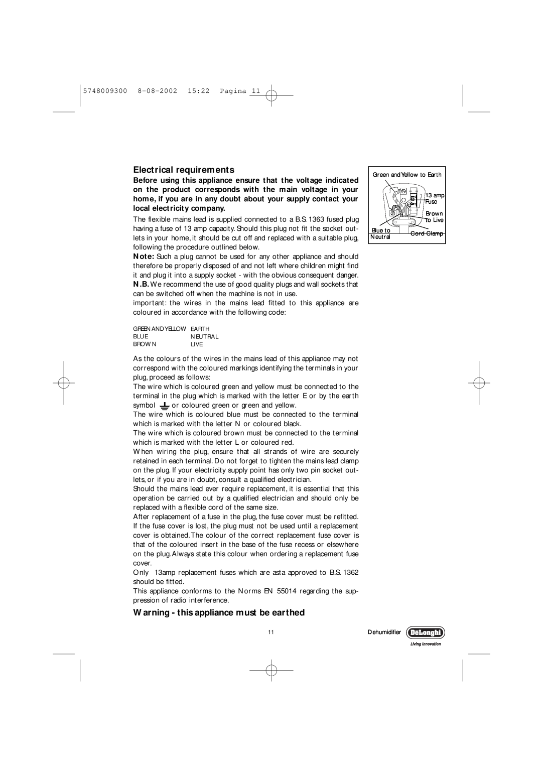 DeLonghi DEC12, DEC16 manual Electrical requirements, Warning - this appliance must be earthed 